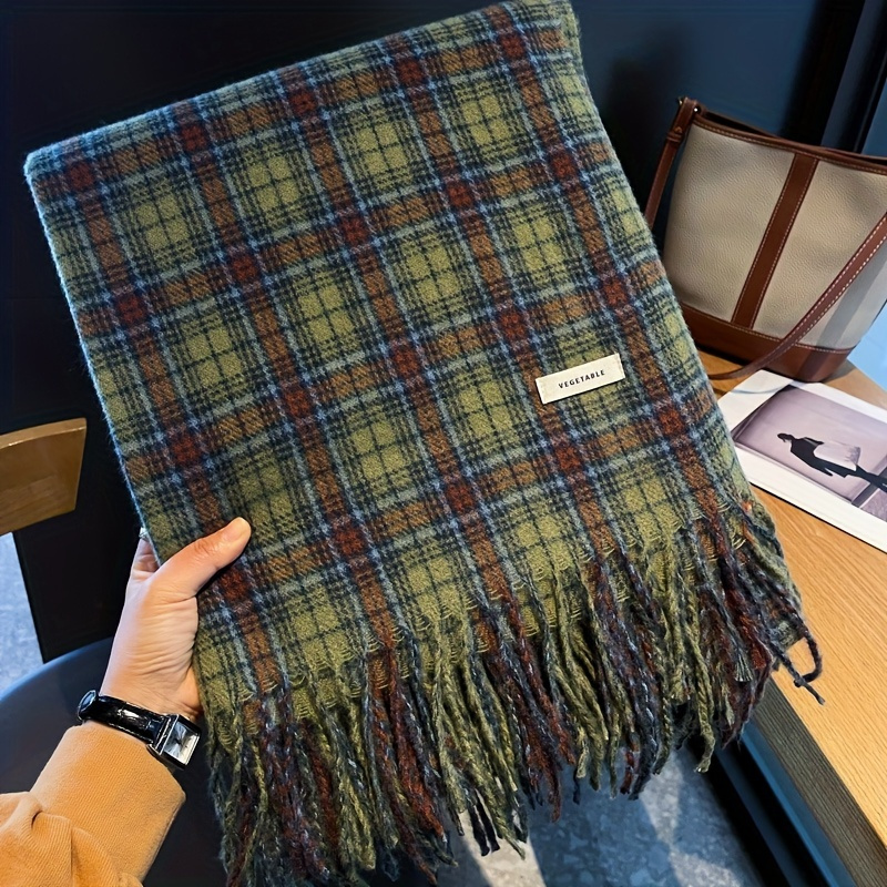 Cashmere Pashmina Wrap - Syal rumbai kotak-kotak hijau Vintage syal